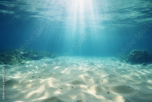 Sunlit sand ocean floor in empty blue underwater. Generative AI