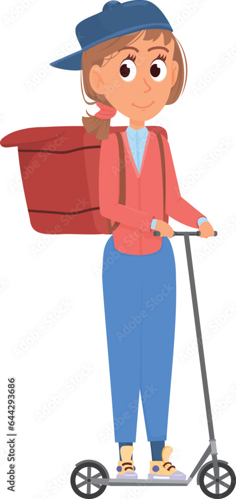 Young delivery girl character on scooter. Cartoon person Young delivery girl character on scooter. Cartoon person
