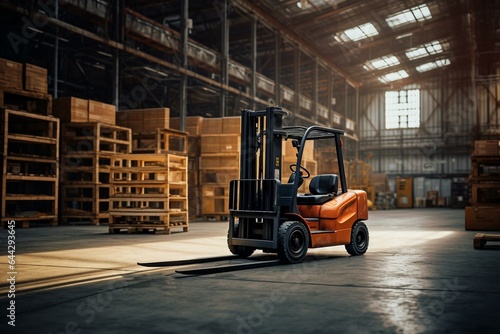 An empty forklift in a warehouse. Generative AI