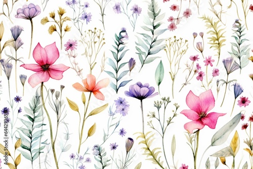 Beautiful watercolor pattern with natural wild flowers. Generative AI