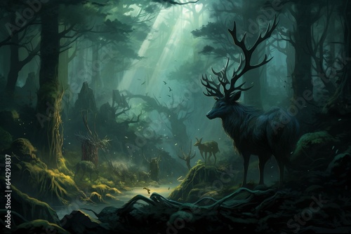Mystical creatures venturing through thick forest. Generative AI © Ursula