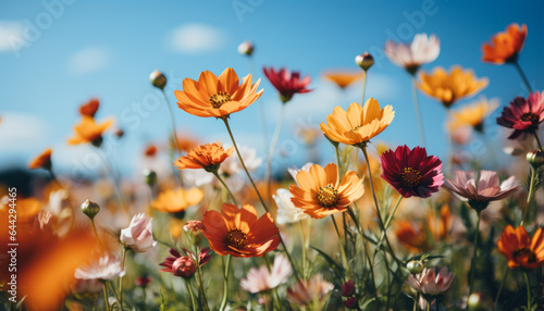 Colorful flower meadow with sunbeams and blue sky and bokeh lights Generative ai © JKLoma