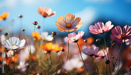 Colorful flower meadow with sunbeams and blue sky and bokeh lights Generative ai