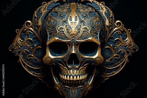 A mesmerizing artwork of an elaborate skull decoration on a dark backdrop. Generative AI