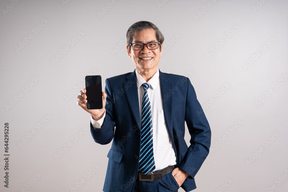 Portrait of an elderly Asian businessman, posing on a blue background Portrait of an elderly Asian businessman, posing on a blue background