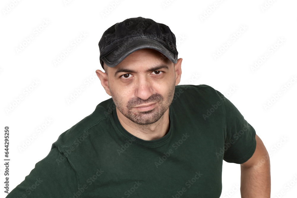 Portrait of a handsome rugged young man wearing a black military cap. Portrait of a handsome rugged young man wearing a black military cap.