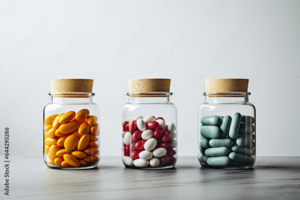 photograph of Jars with different pills on grey background. photograph of Jars with different pills on grey background.