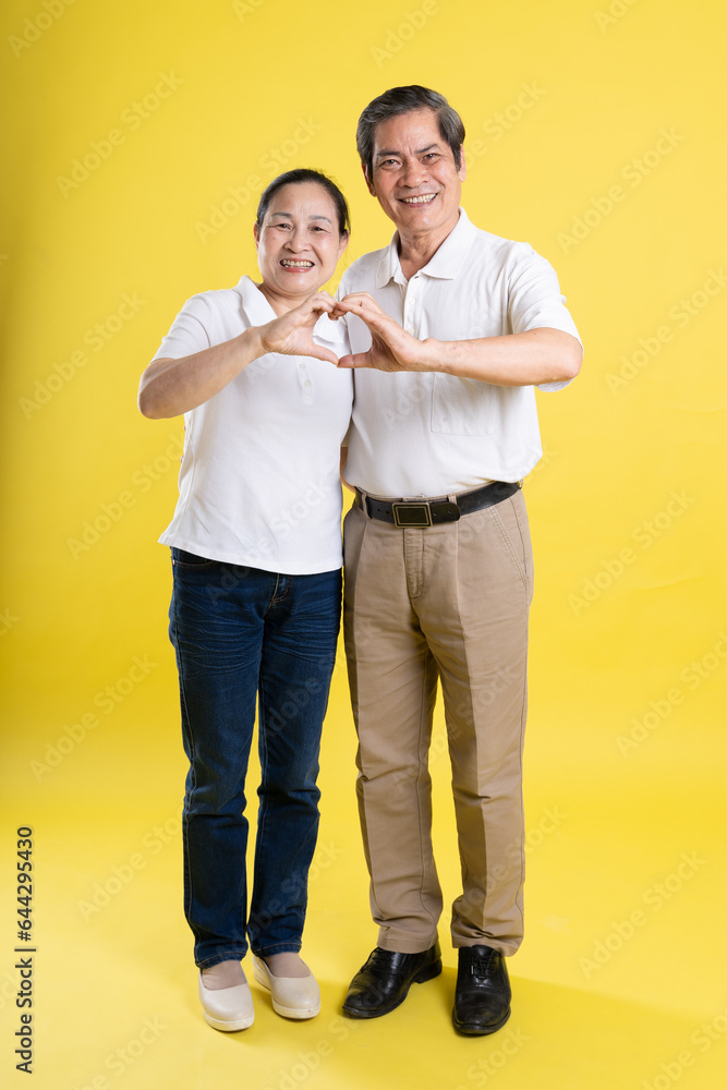 portrait of middle aged asian couple posing on yellow background portrait of middle aged asian couple posing on yellow background