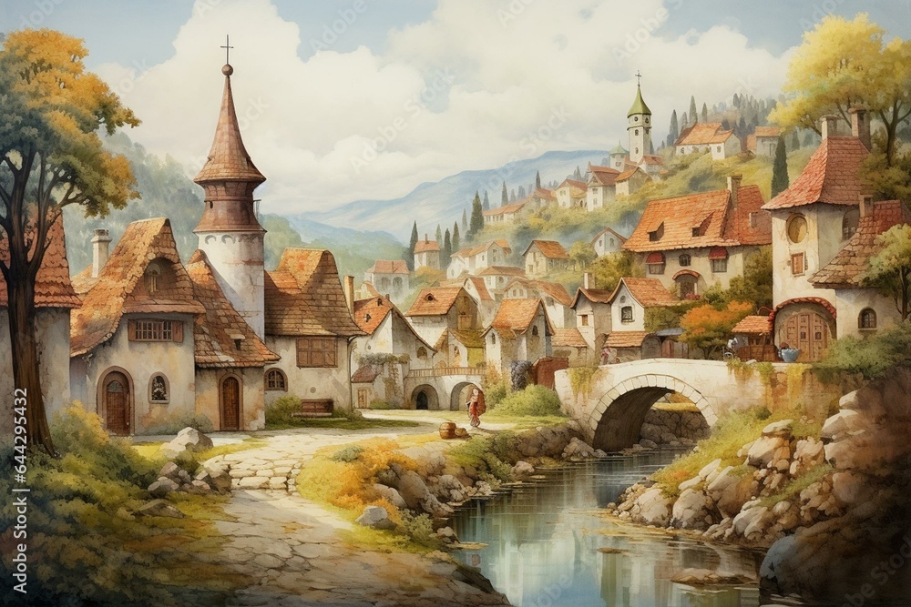 A creative representation of a quaint village adorned with cottages and picturesque scenery. Generative AI