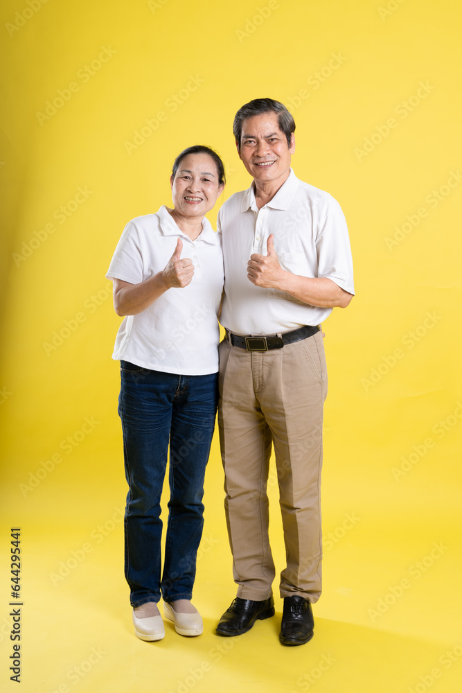 portrait of middle aged asian couple posing on yellow background portrait of middle aged asian couple posing on yellow background