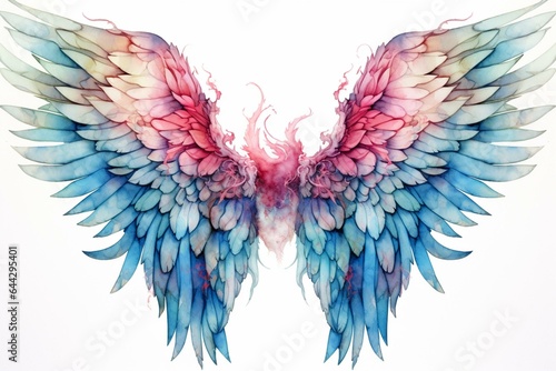 Lovely ethereal watercolor wings with a magical blend of blue and pink. Generative AI © Dariel