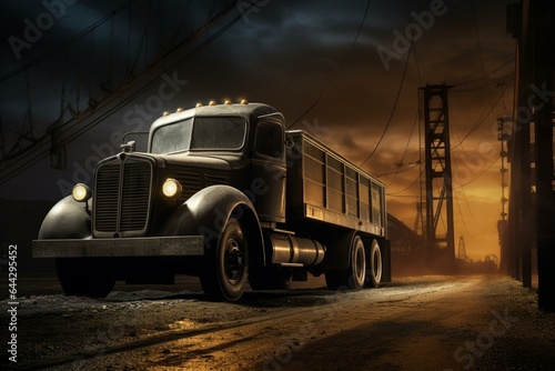 Striking lighting accentuates huge truck against industrial scenery. Generative AI