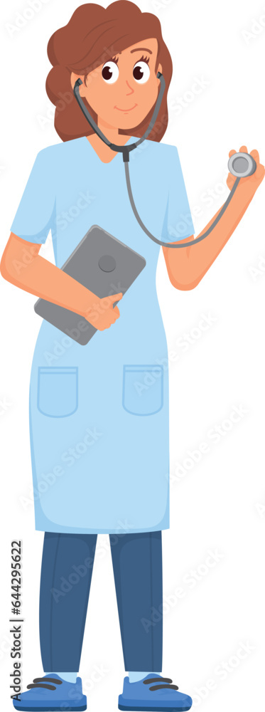 Smiling doctor. Woman in white coat working with stethoscope Smiling doctor. Woman in white coat working with stethoscope