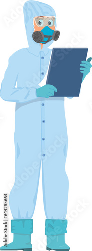 Person in hazmat suit. Laboratory worker character in respirator