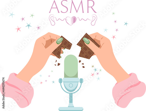 Vector ASMR illustration with broadcasting woman breaking chocolate on microphone to make crunching