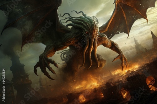 Image of a menacing Cthulhu rising as the apocalypse unfolds. Generative AI
