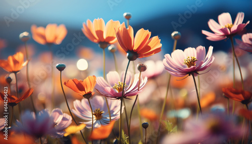 Colorful flower meadow with sunbeams and blue sky and bokeh lights generative ai © LomaPari2021