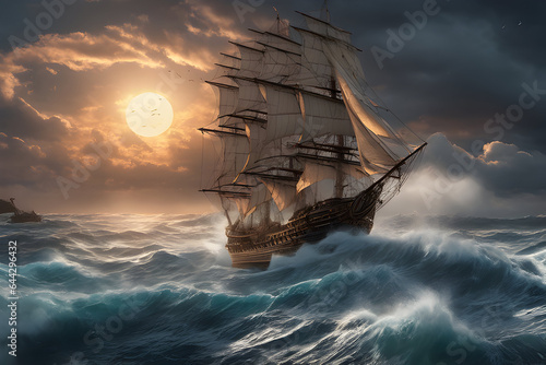 Courageous Ancient Sail Ship Battles Monstrous Night Waves in Stormy Ocean – Nature's Fury and Human Tenacity Captured