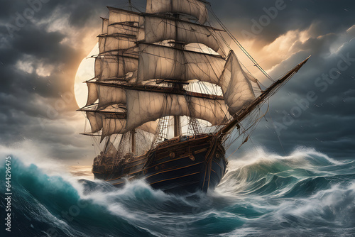 Captivating Image of Old Sail Ship Battling Treacherous Waves in Stormy Night - Adventure & Danger at Sea