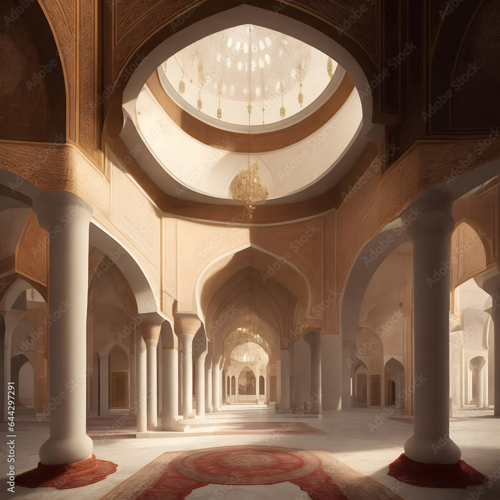 Interior of a mosque with arabic interior, Beautiful prayer hall interior view at islamic building