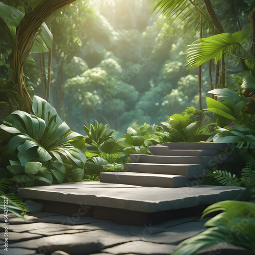 A tranquil stone podium in a tropical paradise, surrounded by lush greenery and open space (1)
