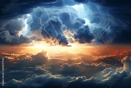 View of thunderclouds in sunlight, panoramic cloudy sky, rendered in 3D. Generative AI