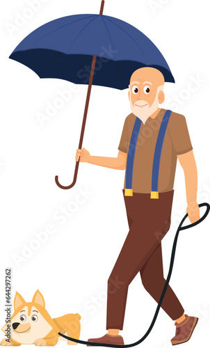 Old man walking with dog under rain. Cartoon happy senior