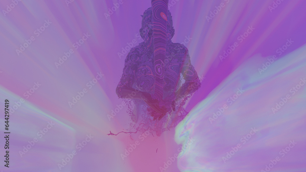 Obraz premium 3d render Sexy young dark woman, fluid animation flowing through the body of the girl inside a rainbow field