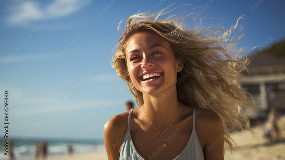 photograph of Summer Beach portrait of excited blonde woman smiling wide.generative ai photograph of Summer Beach portrait of excited blonde woman smiling wide.generative ai