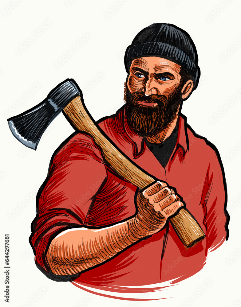 Canadian lumberjack with axe. Hand-drawn ink on paper and hand-colored on tablet Canadian lumberjack with axe. Hand-drawn ink on paper and hand-colored on tablet
