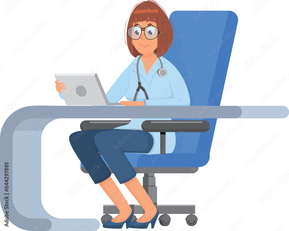 Doctor sit at table. Medical appointment. Cartoon woman Doctor sit at table. Medical appointment. Cartoon woman