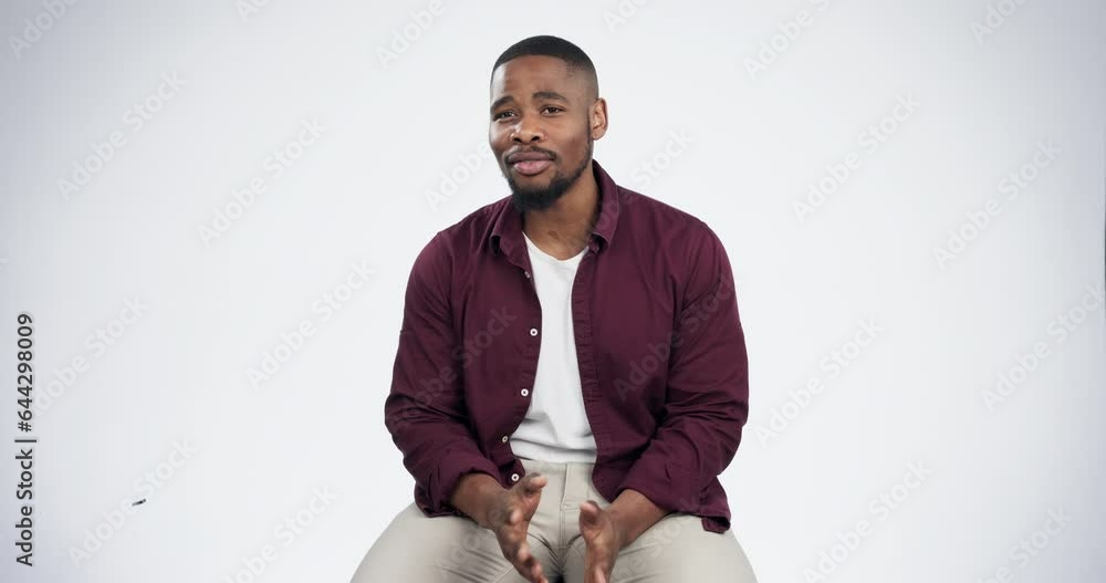 Talking, man and portrait in presentation, interview or discussion of current news, announcement or information in studio. Speaker, person or ambassador explain, speaking or listen to info update