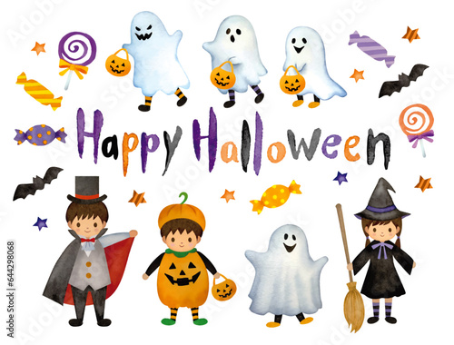 水彩で描いたハロウィンで仮装するこども