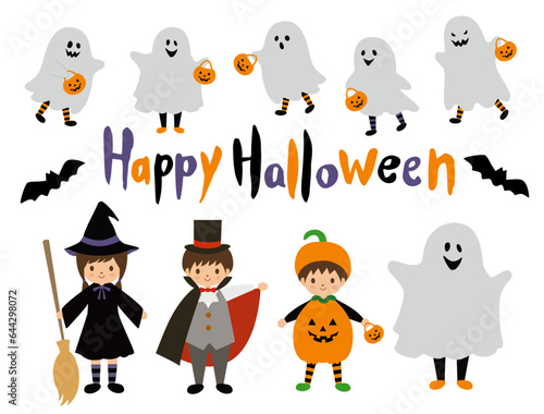 ハロウィンで仮装するこどものカットイラストセット