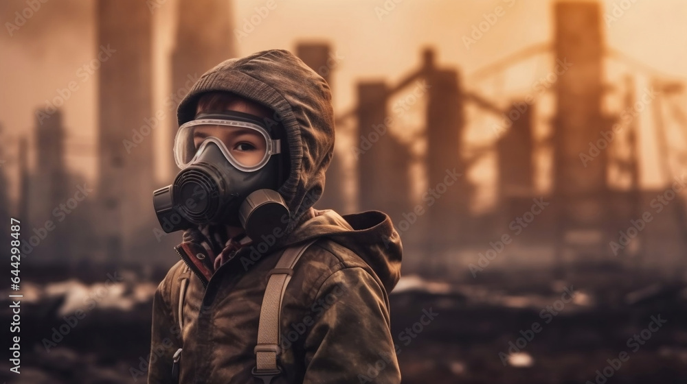 Boy wearing gas mask protecting herself from air pollution, blurred factory and smog on the background, environmental health and air pollution concept. Boy wearing gas mask protecting herself from air pollution, blurred factory and smog on the background, environmental health and air pollution concept.