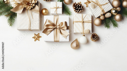 Merry Christmas bacground with copy space, white gift boxes with gold ribbon, gold baubles, Christmas ornaments on white backdrop.