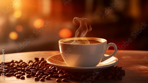 A cup of hot coffee and freshly roasted coffee beans on the table in the morning, background with copy space, close up shot.