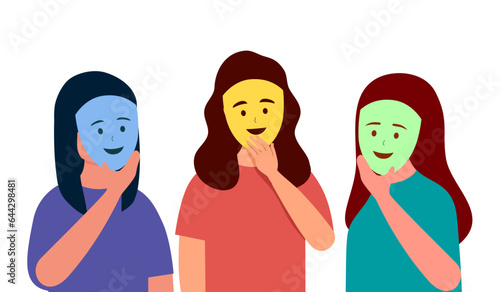Women putting on social face mask with fake positive emotion to hide real feelings behind it. Frightened person disguising anxiety.