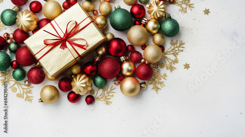 Christmas gold gift box with red ribbon and ornaments, gold red and green shiny baubles on white backdrop, Merry Christmas background with copy space.