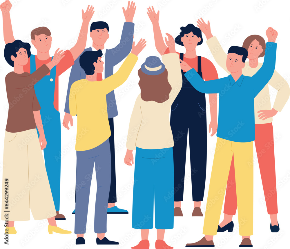 Fototapeta premium People raising hand. Man and woman stand in circle
