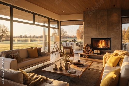Stunning contemporary farmhouse living room bathed in warm golden light. Generative AI