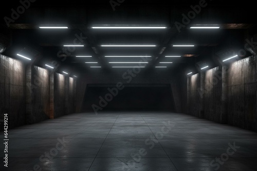 Realistic 3D rendering of an underground warehouse tunnel with empty metal structure corridor, dark concrete, and white LED lights. Generative AI