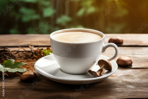 White cup of mushroom coffee on wooden table, representing a new superfood trend. Generative AI
