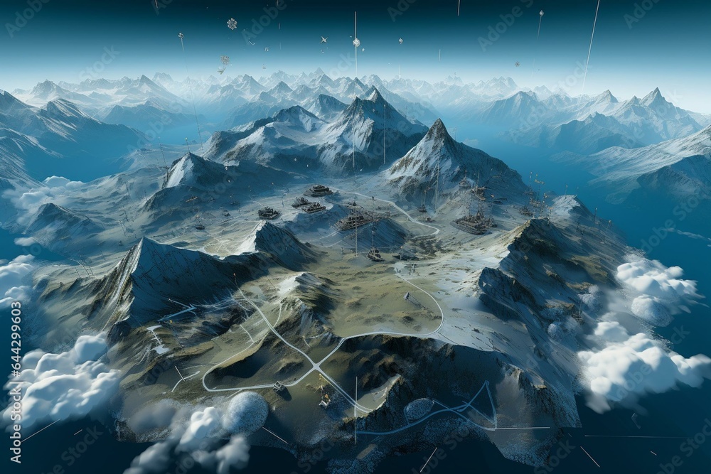 Mountains Computer Simulated Virtual reality simulation with mountains, reliefs, connections, social ...