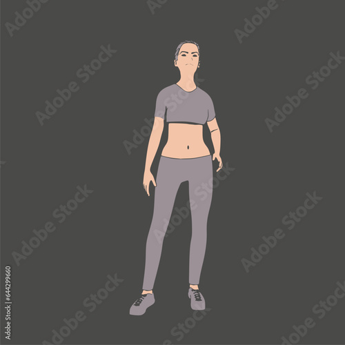 Standing woman. Sport girl illustration. Casual sportwear - t-shirt, breeches and sneakers. Young woman wearing workout clothes. Sport fashion girl outline in urban casual style.