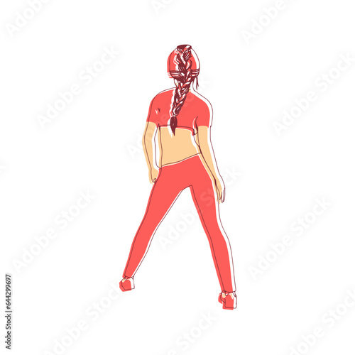 Standing woman. Sport girl illustration. Casual sportwear - t-shirt, breeches and sneakers. Young woman wearing workout clothes. Sport fashion girl outline in urban casual style. Back view