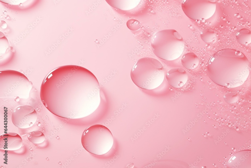 Clear pink water texture with bubbles, podium for cosmetics. Trendy summer cosmetic background. Generative AI