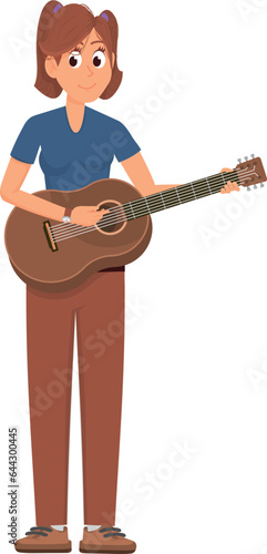 Guitar player. Cartoon female musician. Woman with music instrument