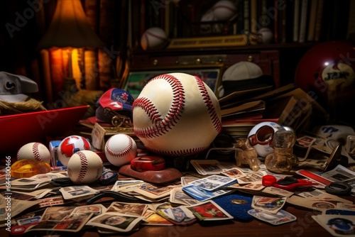 A baseball with faded sports cards in the backdrop. Generative AI