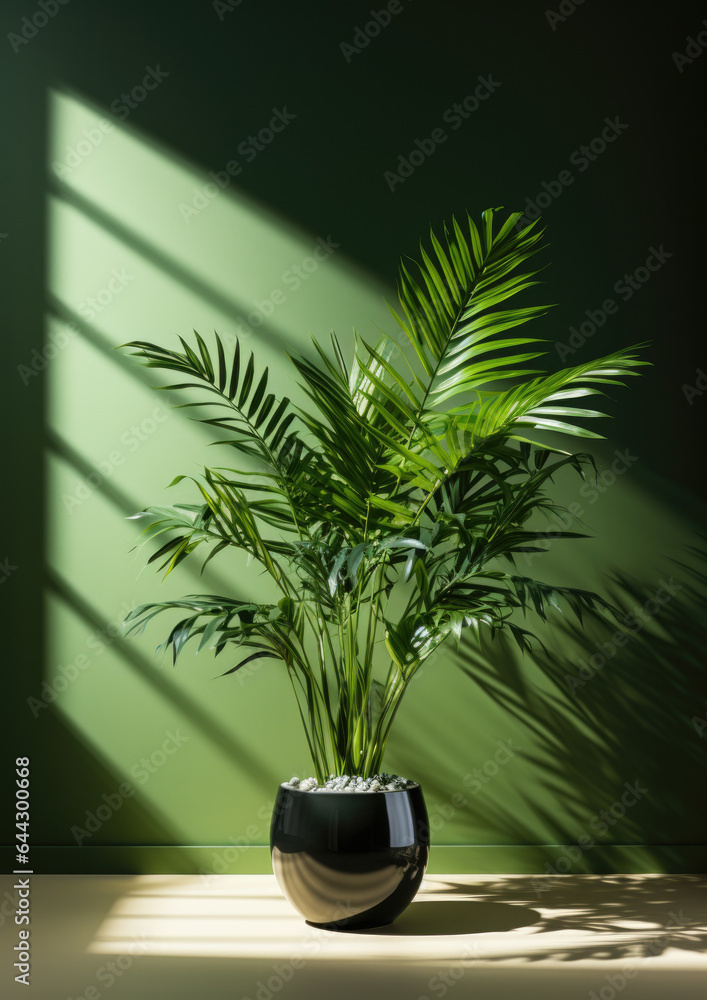 Beautiful tropical interior design with potted plants, vases, and a sense of space, light filling the room, and dark shadows. Green key coloured walls create a sense of atmosphere and life. Beautiful tropical interior design with potted plants, vases, and a sense of space, light filling the room, and dark shadows. Green key coloured walls create a sense of atmosphere and life.